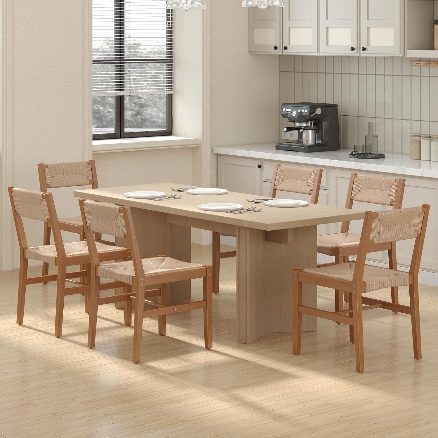 Guyou Farmhouse Rattan Dining Chairs Set of 6,Mid Century Modern Woven Chairs with Wood Frame, 19" Wide Cane & Seagrass Boho Side Chairs for Kitchen, Dining Room & Bistro, Natural