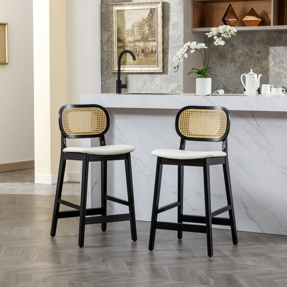 Guyou Rattan Counter Height Bar Stools Set of 2, Mid-Century Modern Wooden Farmhouse Bar Stools, Faux Leather Upholstered Kitchen Island Barstools for Breakfast Bar Bistro, White