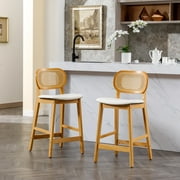 Guyou Rattan Counter Height Bar Stools Set of 2, Mid-Century Modern Wooden Farmhouse Bar Stools, Faux Leather Upholstered Kitchen Island Barstools for Breakfast Bar Bistro, White