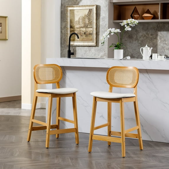 Guyou Rattan Counter Height Bar Stools Set of 2, Mid-Century Modern Wooden Farmhouse Bar Stools, Faux Leather Upholstered Kitchen Island Barstools for Breakfast Bar Bistro, White