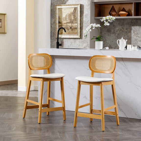 Guyou Rattan Counter Height Bar Stools Set of 2, Mid-Century Modern Wooden Farmhouse Bar Stools, Faux Leather Upholstered Kitchen Island Barstools for Breakfast Bar Bistro, White