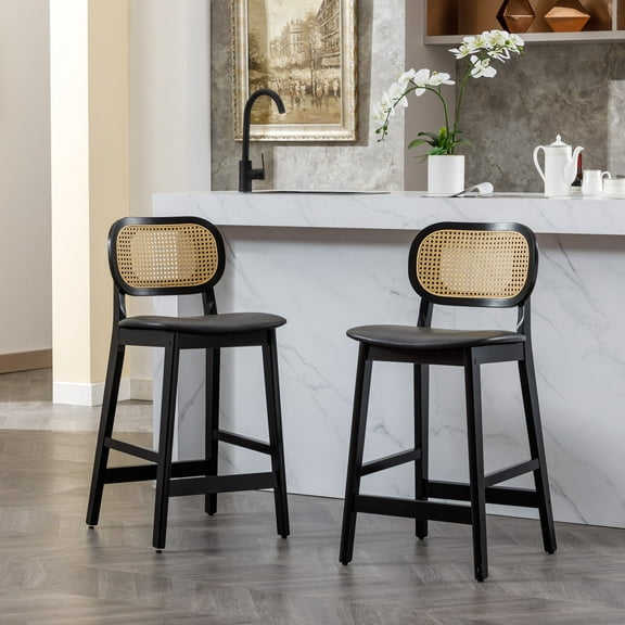 Guyou Rattan Counter Height Bar Stools Set of 2, Mid-Century Modern Wooden Farmhouse Bar Stools, Faux Leather Upholstered Kitchen Island Barstools for Breakfast Bar Bistro, Black