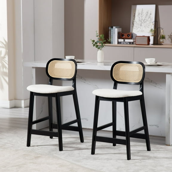Guyou Rattan Counter Height Bar Stools Set of 2, Mid-Century Modern Wooden Farmhouse Bar Stools, Sherpa Upholstered Kitchen Island Barstools for Breakfast Bar Bistro, White