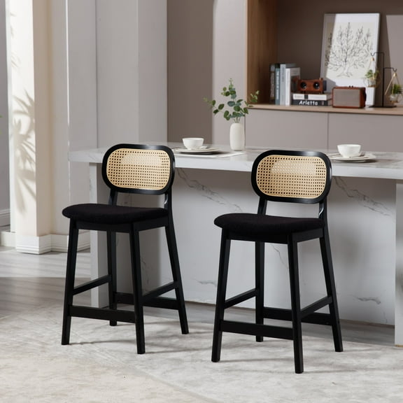 Guyou Rattan Counter Height Bar Stools Set of 2, Mid-Century Modern Wooden Farmhouse Bar Stools, Sherpa Upholstered Kitchen Island Barstools for Breakfast Bar Bistro, Black
