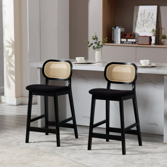 Guyou Rattan Counter Height Bar Stools Set of 2, Mid-Century Modern Wooden Farmhouse Bar Stools, Sherpa Upholstered Kitchen Island Barstools for Breakfast Bar Bistro, Black