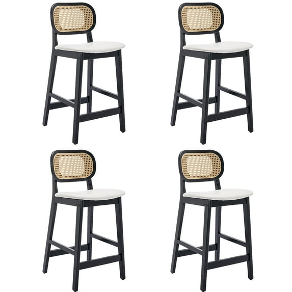 Guyou Rattan Counter Height Bar Stools Set of 4, Mid-Century Modern Wooden Farmhouse Bar Stools, Faux Leather Upholstered Kitchen Island Barstools for Breakfast Bar Bistro, White