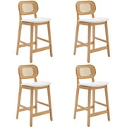 Guyou Rattan Counter Height Bar Stools Set of 4, Mid-Century Modern Wooden Farmhouse Bar Stools, Faux Leather Upholstered Kitchen Island Barstools for Breakfast