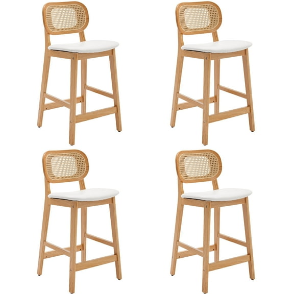 Guyou Rattan Counter Height Bar Stools Set of 4, Mid-Century Modern Wooden Farmhouse Bar Stools, Faux Leather Upholstered Kitchen Island Barstools for Breakfast Bar Bistro, White