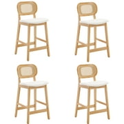 Guyou Rattan Counter Height Bar Stools Set of 4, Mid-Century Modern Wooden Farmhouse Bar Stools, Linen Upholstered Kitchen Island Barstools for Breakfast Bar Bistro, Beige