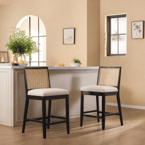 Guyou Rattan Counter Stools Set of 2, 26 Inch Modern Linen Upholstered Counter Height Bar Stools, Farmhouse Wooden Barstools, Kitchen Island Chairs for Bar Dining Room Kitchen Island, Cream
