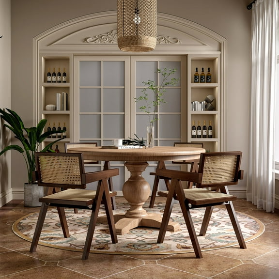 Guyou Rattan Dining Chair Set of 2, Mid-Century Farmhouse Kitchen Chair, Retro Solid Rubber Wood Reading Side Chairs with Woven Back and Seat for Dining Room Living Room Bedroom, Walnut Base