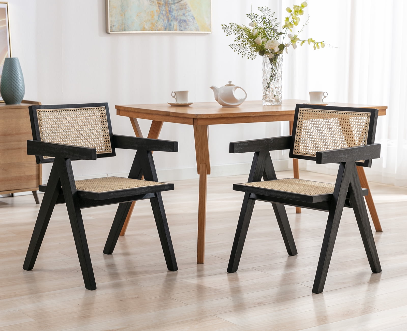 Guyou Set of 2 Wooden Rattan Dining Chairs, Mid-Century Solid Rubber ...