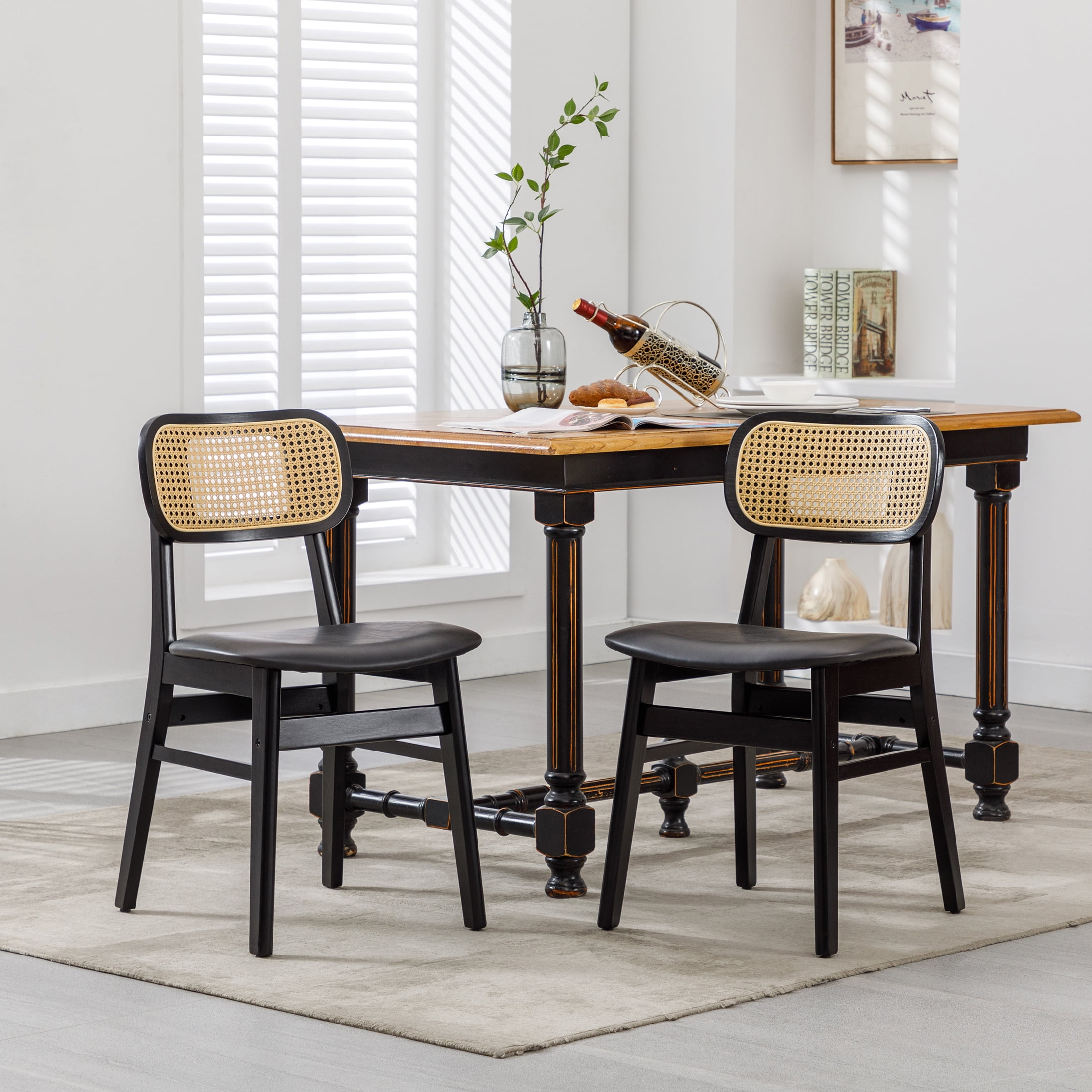 Black Faux Leather Upholstered Oak Wood Cane Back Side Chair Set