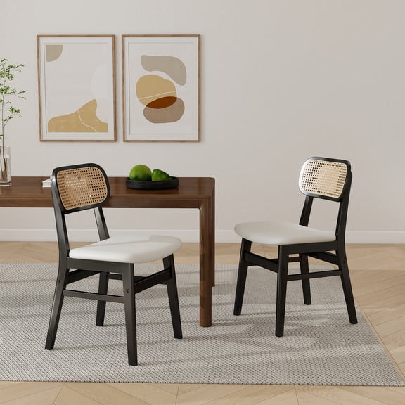 Guyou Rattan Dining Chairs Set of 2, Farmhouse Black Wooden Dining Side Chairs, Mid Century Modern Faux Leather Upholstered Kitchen Chairs with Cane Back for Dining Room Kitchen Living Room, White