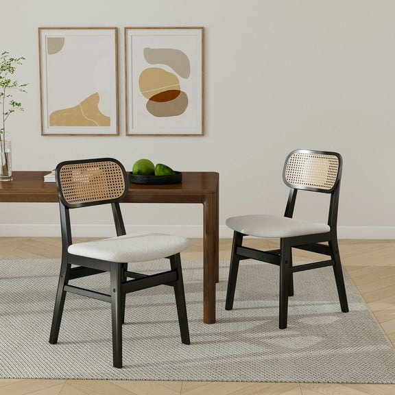 Guyou Rattan Dining Chairs Set of 2, Farmhouse Black Wooden Dining Side Chairs, Mid Century Modern Linen Upholstered Kitchen Chairs with Cane Back for Dining Room Kitchen Living Room, Beige