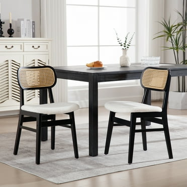 Guyou Rattan Dining Chairs Set of 2, Farmhouse Black Wooden Dining Side Chairs, Mid Century Modern Sherpa Upholstered Kitchen Chairs with Cane Back for Dining Room Kitchen Living Room, White