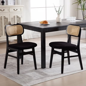 Guyou Rattan Dining Chairs Set of 2, Farmhouse Black Wooden Dining Side Chairs, Mid Century Modern Sherpa Upholstered Kitchen Chairs with Cane Back for Dining Room Kitchen Living Room, Black
