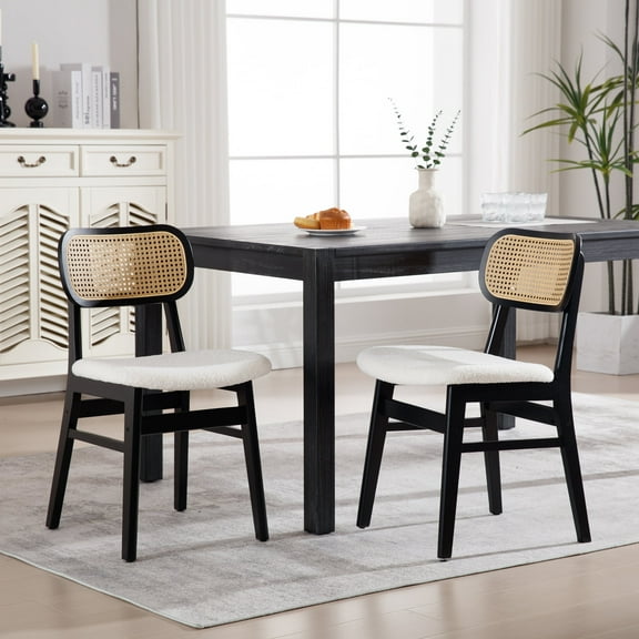 Guyou Rattan Dining Chairs Set of 2, Farmhouse Black Wooden Dining Side Chairs, Mid Century Modern Sherpa Upholstered Kitchen Chairs with Cane Back for Dining Room Kitchen Living Room, White