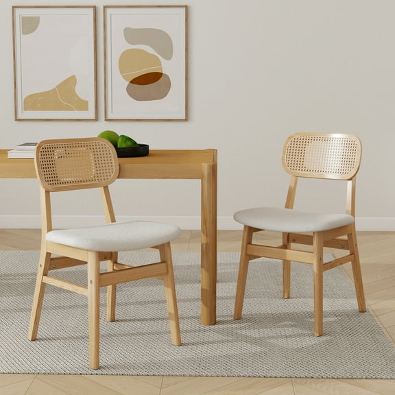 Guyou Rattan Dining Chairs Set of 2, Farmhouse Natural Wooden Dining Side Chairs, Mid Century Modern Sherpa Upholstered Kitchen Chairs with Cane Back for Dining Room Kitchen Living Room, Beige