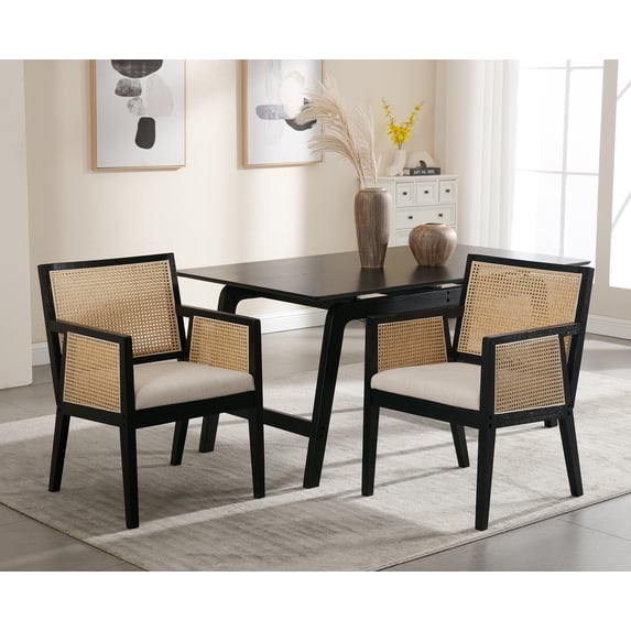 Guyou Rattan Dining Chairs Set of 2, Mid Century Modern Linen Upholstered Dining Room Armchairs, Farmhouse Wooden Kitchen Chairs with Cane Back and Black Hardwood Frame for Living Room, Beige