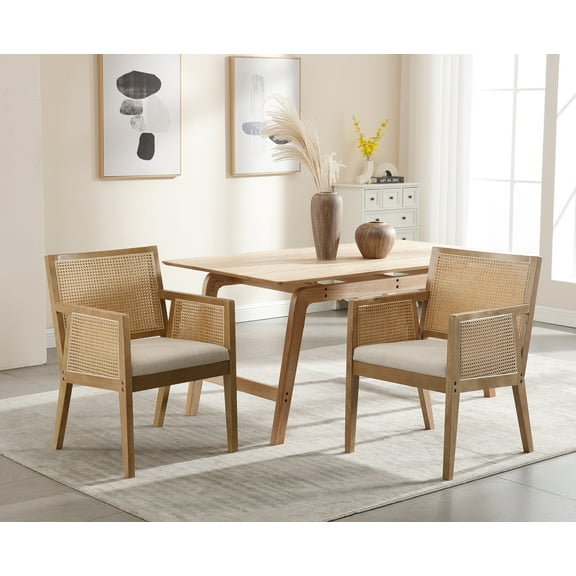 Guyou Rattan Dining Chairs Set of 2, Mid Century Modern Linen Upholstered Dining Room Armchairs, Farmhouse Wooden Kitchen Chairs with Cane Back and Natural Hardwood Frame for Living Room, Beige