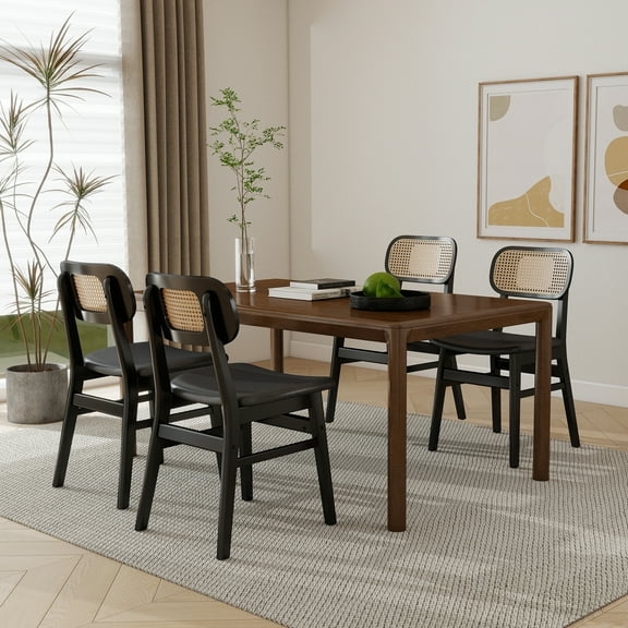 Guyou Rattan Dining Chairs Set of 4, Farmhouse Black Wooden Dining Side Chairs, Mid Century Modern Faux Leather Upholstered Kitchen Chairs with Cane Back for Dining Room Kitchen Living Room, Black