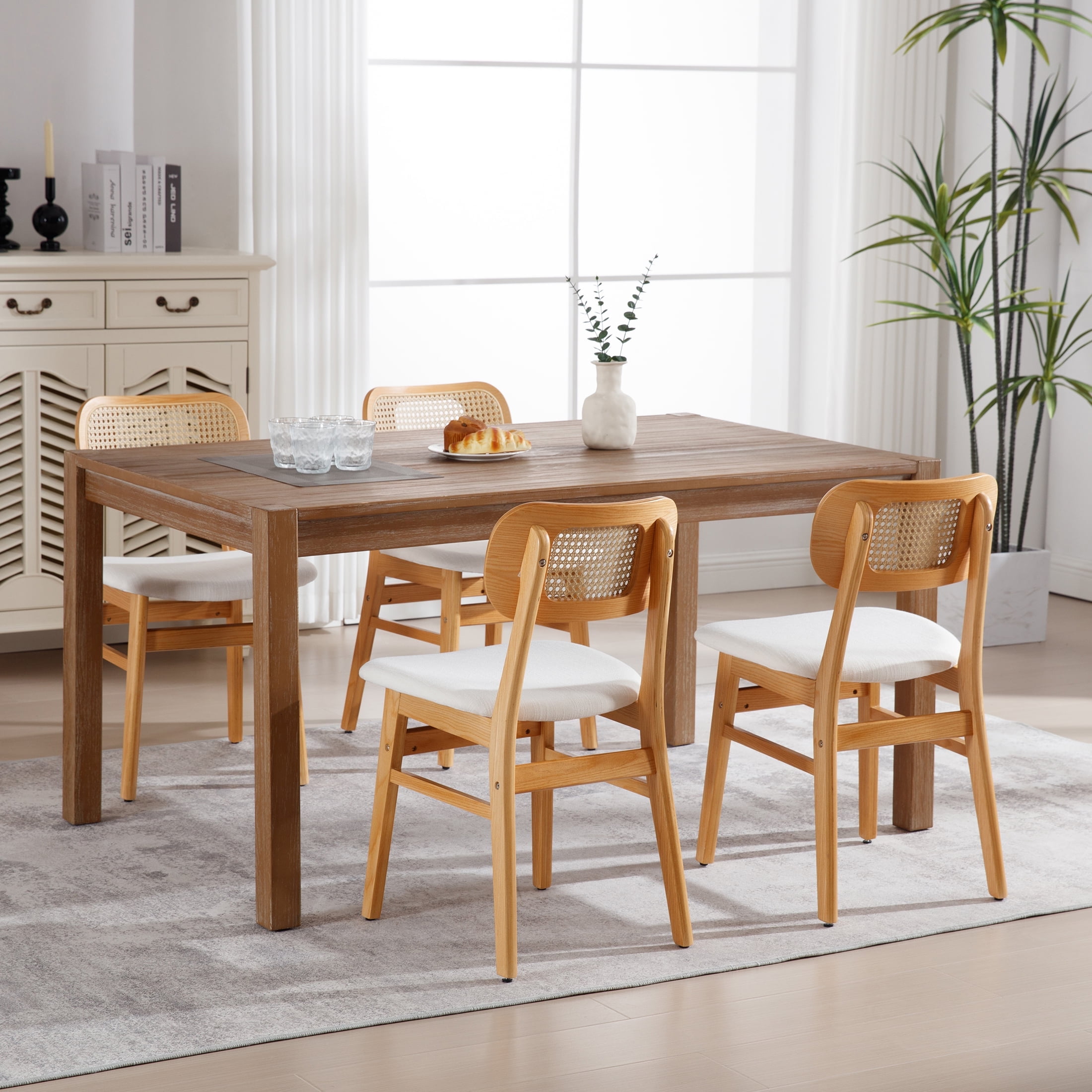 Guyou Rattan Dining Chairs Set of 4, Farmhouse Natural Wooden Dining Side Chairs, Mid Century Modern Linen Upholstered Kitchen Chairs with Cane Back for Dining Room Kitchen Living Room, Beige