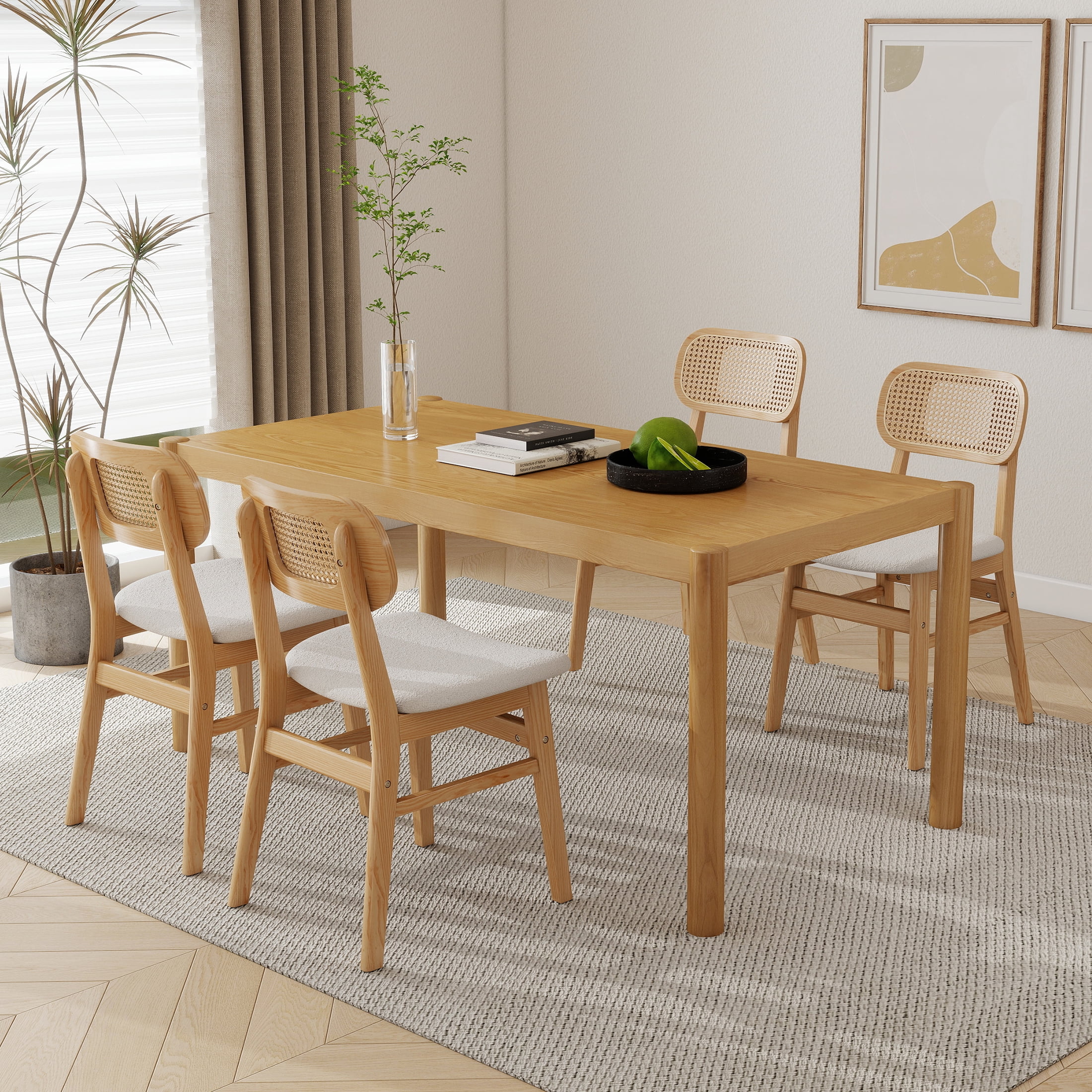 Guyou Rattan Dining Chairs Set of 4, Farmhouse Natural Wooden Dining Side Chairs, Mid Century Modern Sherpa Upholstered Kitchen Chairs with Cane Back for Dining Room Kitchen Living Room, Beige