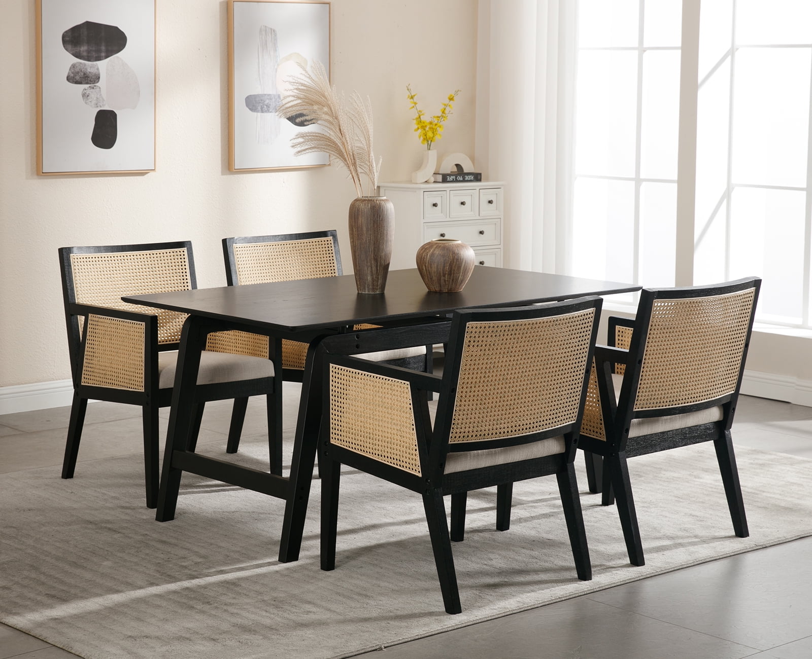 Guyou Rattan Dining Chairs Set of 4, Mid Century Modern Linen