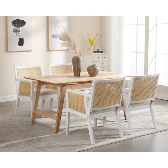 Guyou Rattan Dining Chairs Set of 4, Mid Century Modern Linen Upholstered Dining Room Armchairs, Farmhouse Wooden Kitchen Chairs with Cane Back and White Hardwood Frame for Living Room, Beige