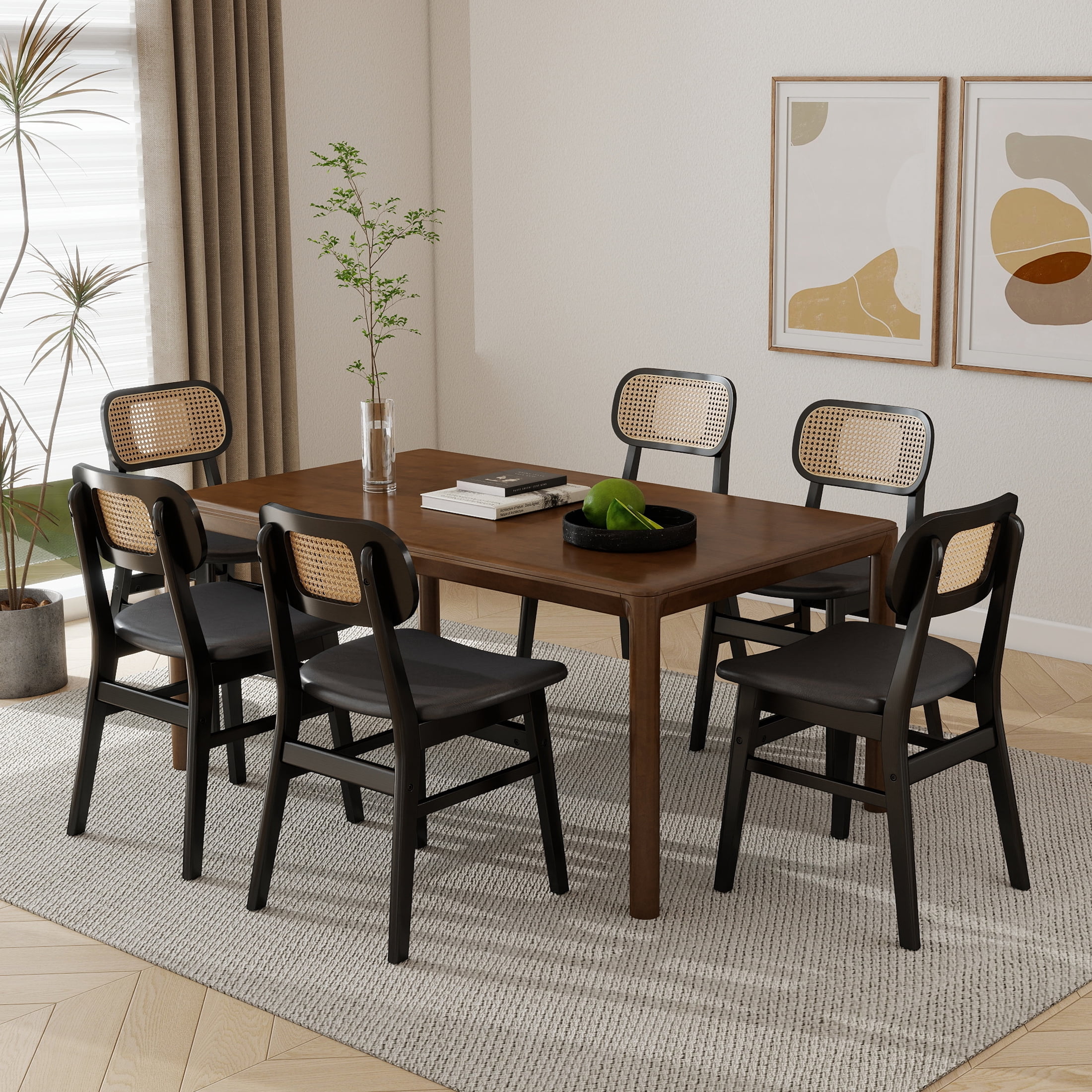Guyou Rattan Dining Chairs Set of 6, Farmhouse Black Wooden Dining Side Chairs, Mid Century Modern Faux Leather Upholstered Kitchen Chairs with Cane Back for Dining Room Kitchen Living Room, Black