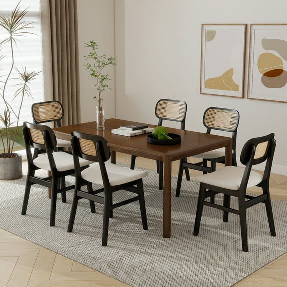Guyou Rattan Dining Chairs Set of 6, Farmhouse Black Wooden Dining Side Chairs, Mid Century Modern Sherpa Upholstered Kitchen Chairs with Cane Back for Dining Room Kitchen Living Room, White