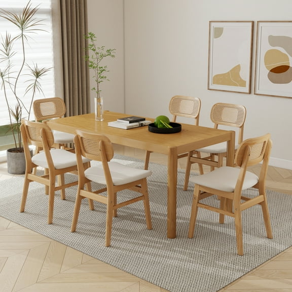 Guyou Rattan Dining Chairs Set of 6, Farmhouse Natural Wooden Dining Side Chairs, Mid Century Modern Linen Upholstered Kitchen Chairs with Cane Back for Dining Room Kitchen Living Room, Beige