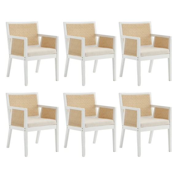 Guyou Rattan Dining Chairs Set of 6, Mid Century Modern Linen Upholstered Dining Room Armchairs, Farmhouse Wooden Kitchen Chairs with Cane Back and White Hardwood Frame for Living Room, Beige