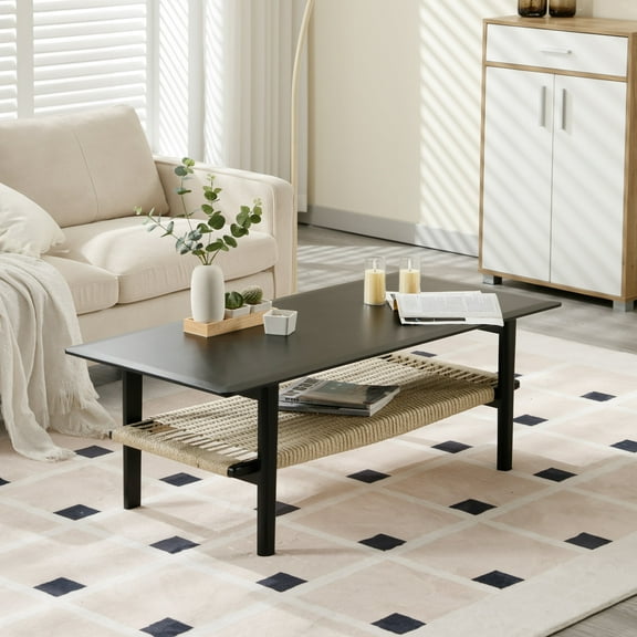 Guyou Rectangular Coffee Table with Natural Rattan Storage Shelf, Farmhouse Solid Wood Coffee Table, Large 2-Tier Sofa Table for Living Room Bedroom Office, Black