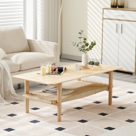Guyou Rectangular Coffee Table with Natural Rattan Storage Shelf, Farmhouse Solid Wood Coffee Table, Large 2-Tier Sofa Table for Living Room Bedroom Office, Walnut