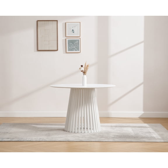 Guyou Round Solid Wood Dining Table, Mid-Century Modern Kitchen Dining Table with Round Geometric Base for 4-6 People, 43.25 Inch Diameter for Kitchen Dining Room, White