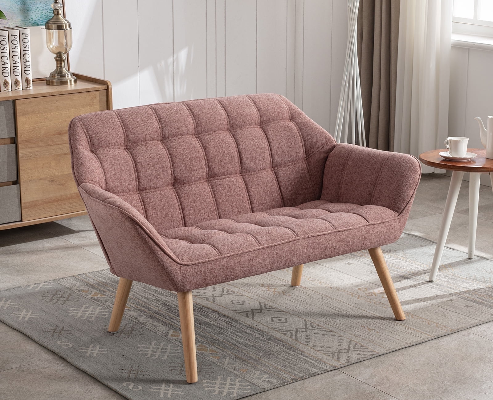 Guyou Modern 2-Seater Loveseat Sofa, Linen Mini Couch with Quilted