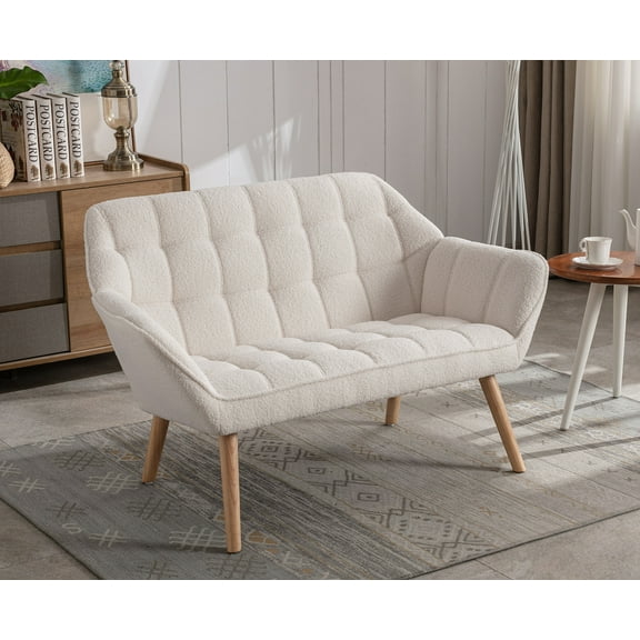 Guyou Small Loveseat Sofa, Modern Sherpa 2-Seater Mini Sofa Couch with Quilted Back and Armrests, Cute Accent Chair with Wooden Legs for Living Room Bedroom Apartment, White