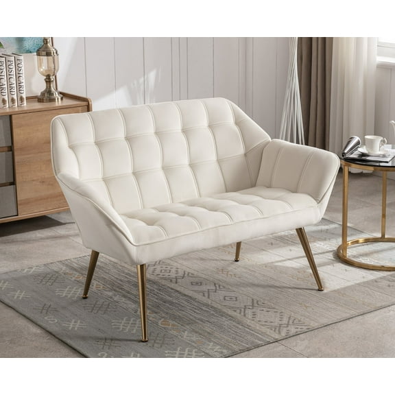 Guyou Small Loveseat Sofa, Modern Velvet 2-Seater Mini Sofa Couch with Quilted Back and Armrests, Cute Accent Chair with Gold Metal Legs for Living Room Bedroom Apartment, Cream