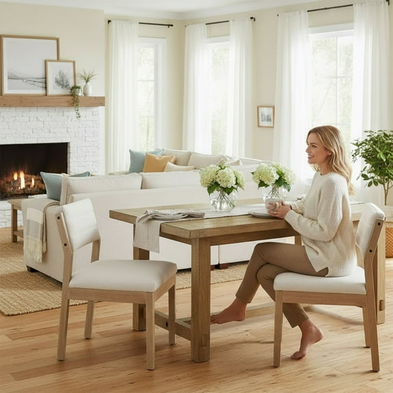 Guyou Solid Wood Dining Chair Set of 2, Mid Century Modern Upholstered Kitchen Chairs with Open-Back, Farmhouse Linen Dining Side Chairs For Kitchen Dining Room Living Room, Beige