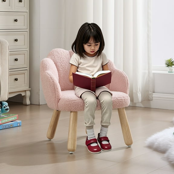 Guyou Solid Wooden Toddler Chair Ages 1-6, Kids Preschool Arm Chair with Flower Back, Upholstered Kid Reading Chair, Sherpa Kids Desk Chair for Playroom Kindergarten Preschool Bedroom, Pink