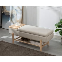 Guyou Storage Bench Linen End of Bed Ottoman Bench with Wooden Shoe Rack and Coffee Table, Modern Upholstered Long Seating Bench Entryway Bench for Hallway Foyer Living Room Bedroom, Beige