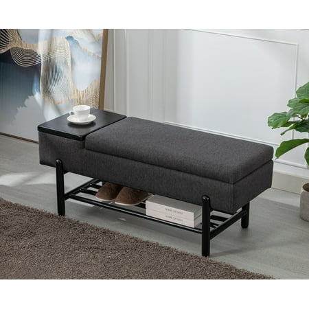 Guyou Storage Bench Sherpa End of Bed Ottoman Bench with Wooden Shoe Rack and Coffee Table, Modern Upholstered Long Seating Bench Entryway Bench for Hallway Foyer Living Room Bedroom, Black