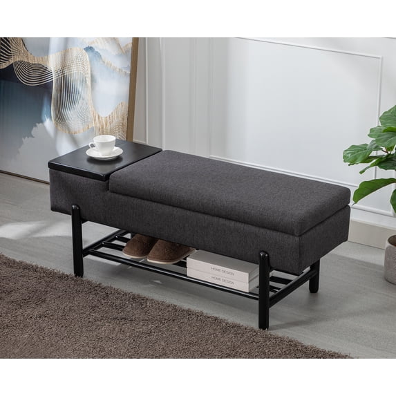 Guyou Storage Bench Sherpa End of Bed Ottoman Bench with Wooden Shoe Rack and Coffee Table, Modern Upholstered Long Seating Bench Entryway Bench for Hallway Foyer Living Room Bedroom, Black