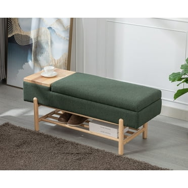 Guyou Storage Bench Linen End of Bed Ottoman Bench with Wooden Shoe Rack and Coffee Table, Modern Upholstered Long Seating Bench Entryway Bench for Hallway Foyer Living Room Bedroom, Green
