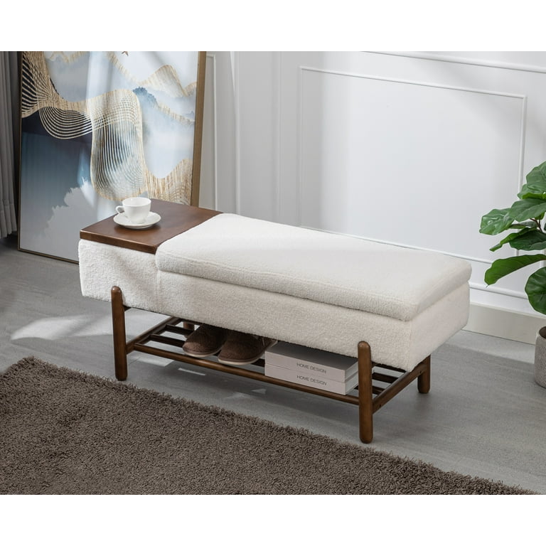 Guyou Storage Bench Sherpa End of Bed Ottoman Bench with Wooden Shoe Rack and Coffee Table Modern Upholstered Long Seating Bench Entryway Bench for
