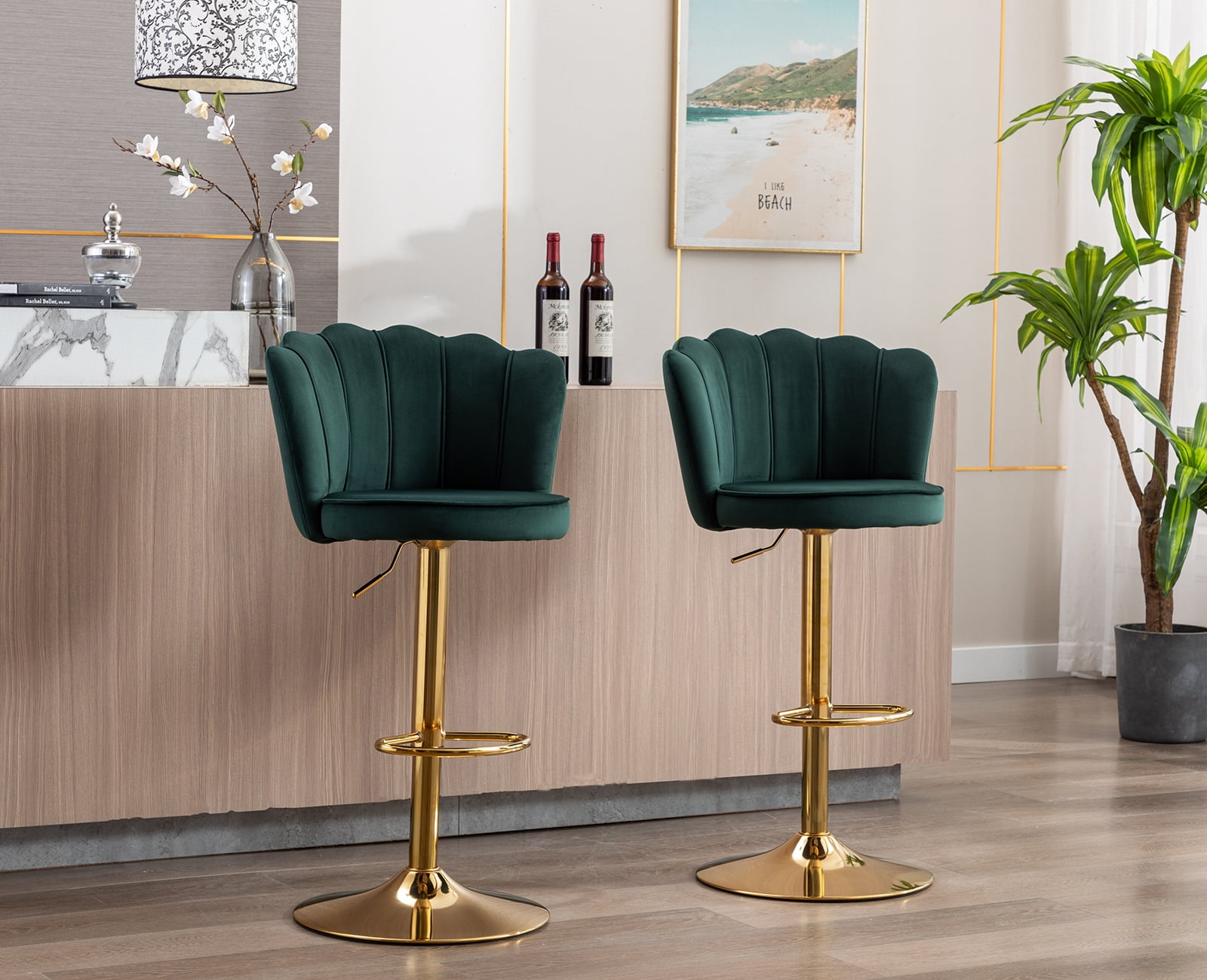Guyou Swivel Adjustable Bar Stools Set of 2, Velvet Counter Height Barstools with Petal Back and Gold Footrest, Modern Counter Bar Height Stool Chairs for Kitchen Island Bar Cafe, Dark Green
