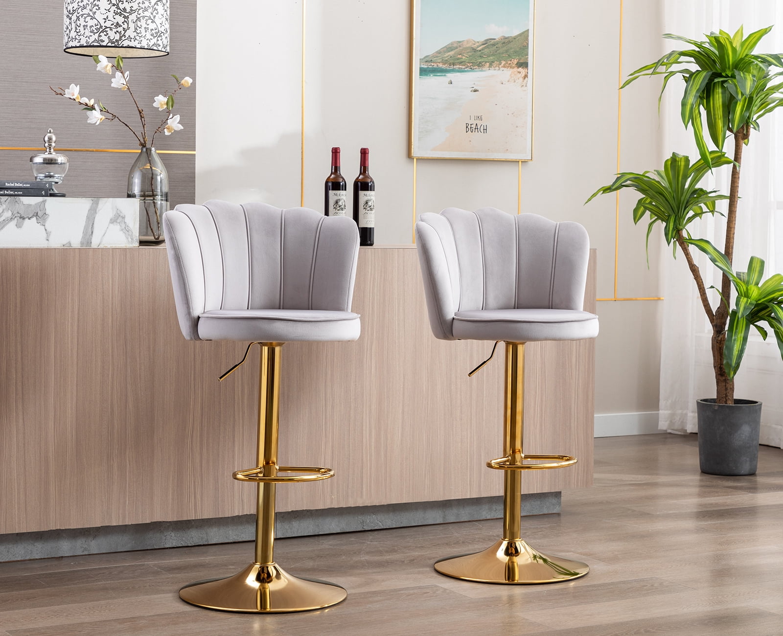 Guyou Swivel Adjustable Bar Stools Set of 2, Velvet Counter Height Barstools with Petal Back and Gold Footrest, Modern Counter Bar Height Stool Chairs for Kitchen Island Bar Cafe, Grey