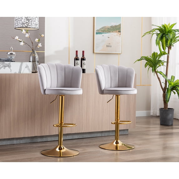 Guyou Swivel Adjustable Bar Stools Set of 2, Velvet Counter Height Barstools with Petal Back and Gold Footrest, Modern Counter Bar Height Stool Chairs for Kitchen Island Bar Cafe, Grey